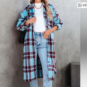 Blue and Brown Plaid Long Coat